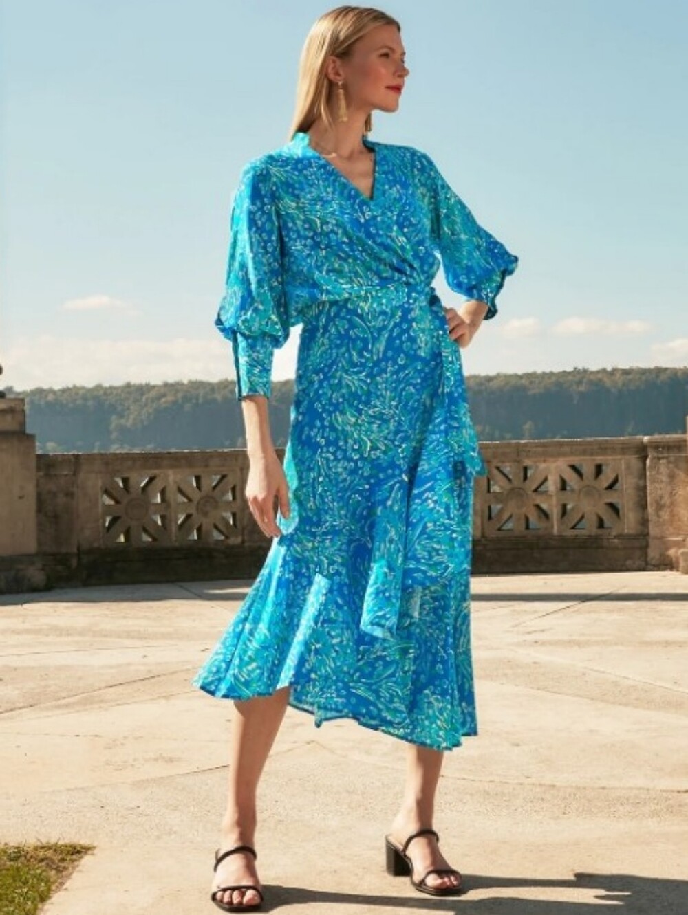 Tyler Boe Blue 100% Silk True Wrap Midi Dress Size Large